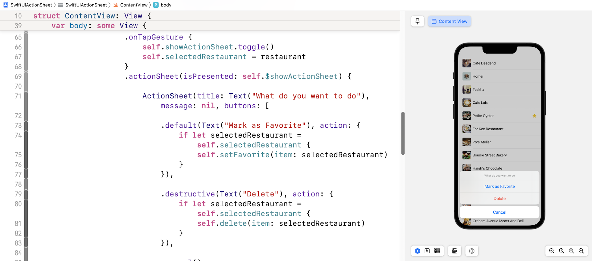 Figure 6. Tapping a row to reveal the action sheet