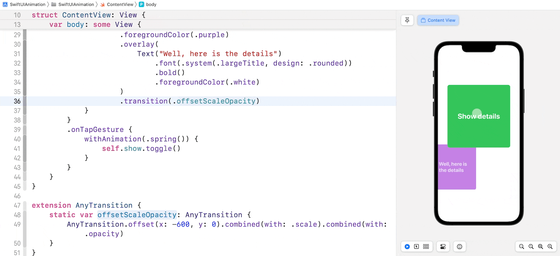 Figure 14. Combining the scale, offset, and opacity transition