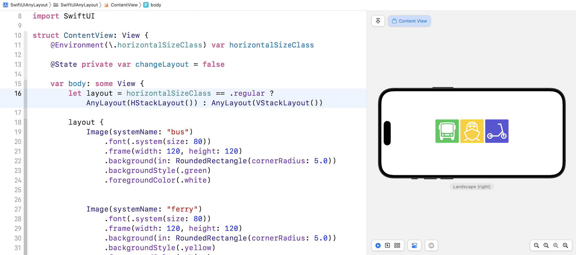 Figure 2. Switching to a horizontal stack view when the device is in landscape orientation