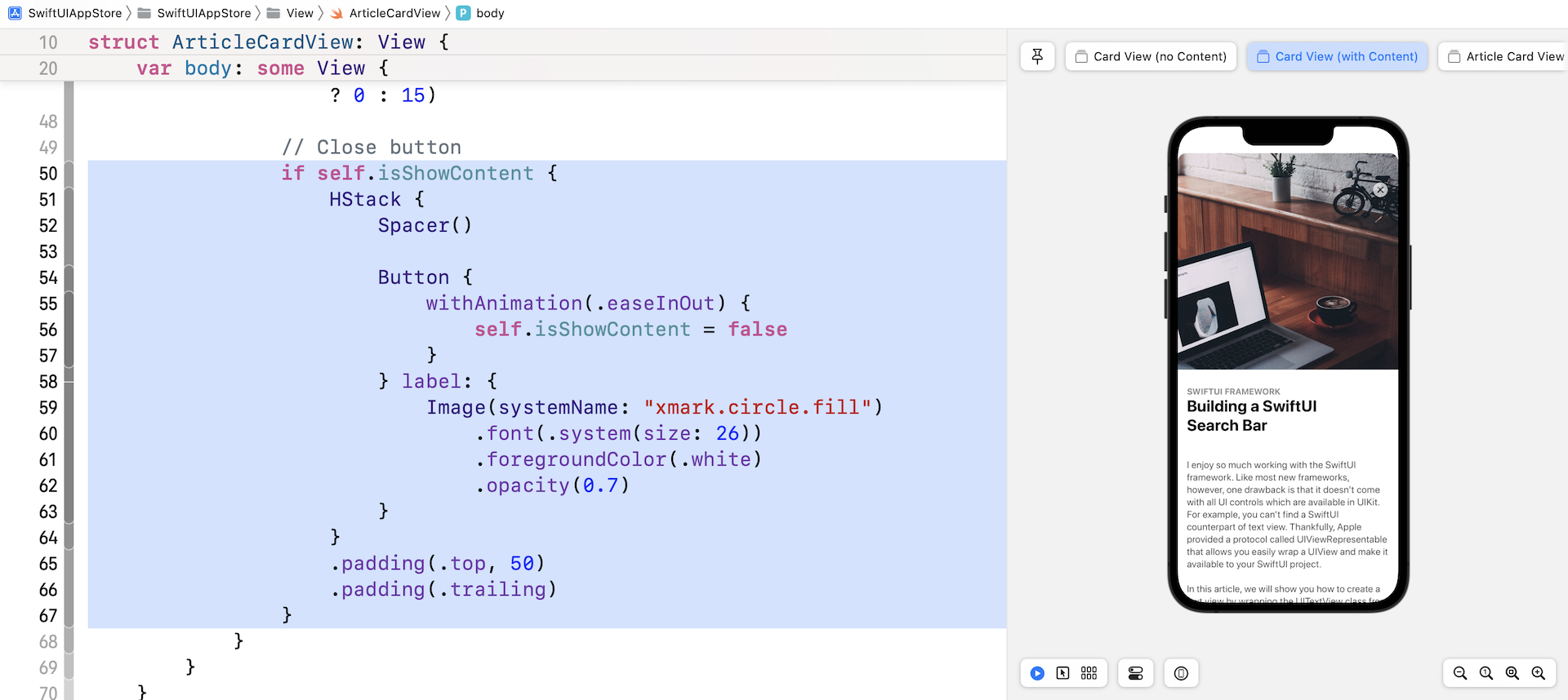 Figure 12. Adding the close button