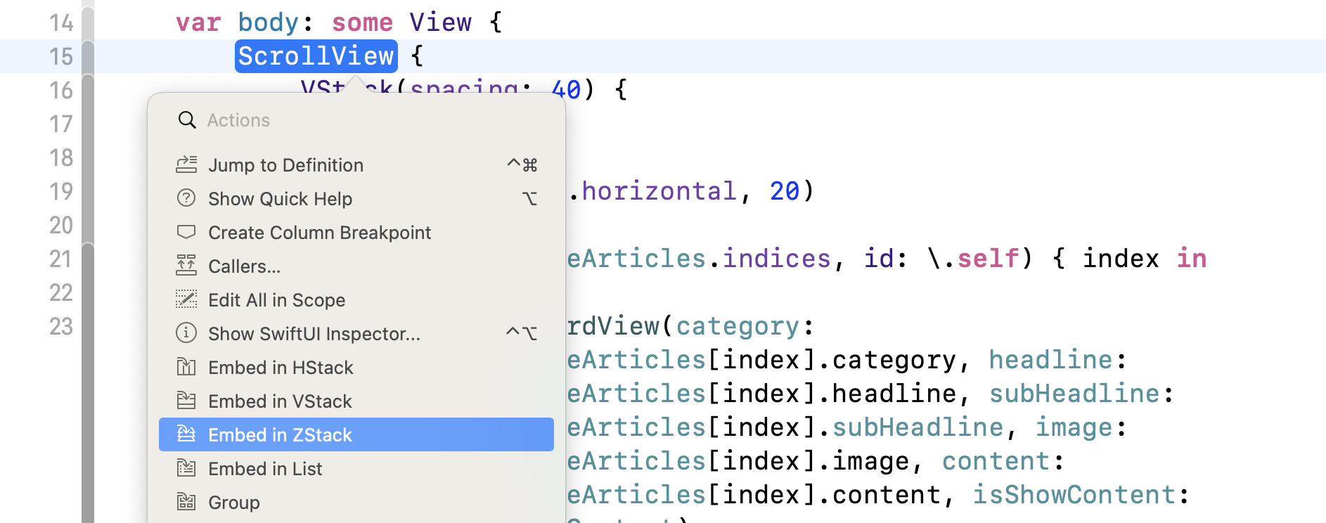 Figure 16. Embedding the scroll view in a ZStack view