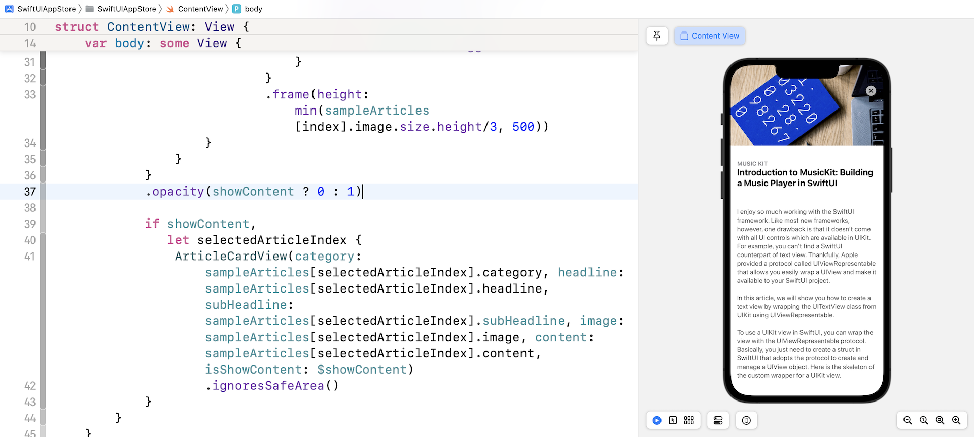 Figure 18. The app hides the list view when a card is selected
