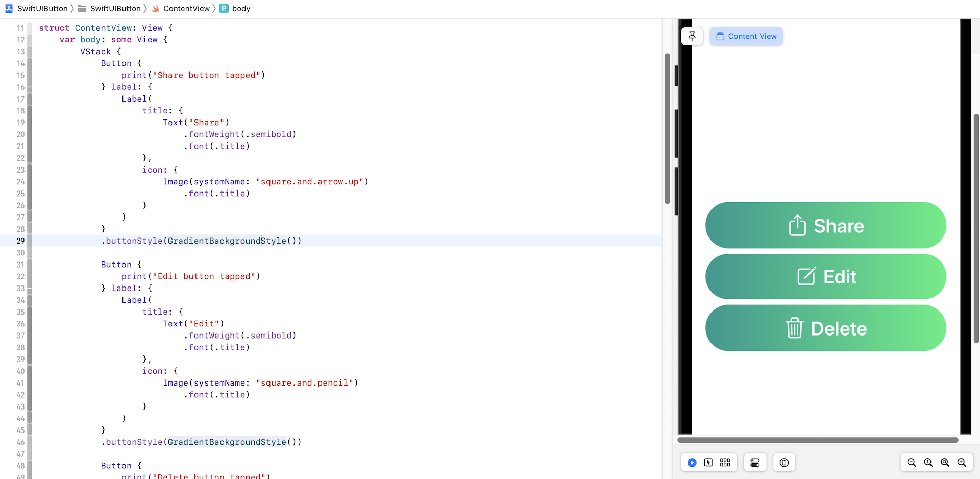 Figure 22. Applying the custom style using .buttonStyle modifier