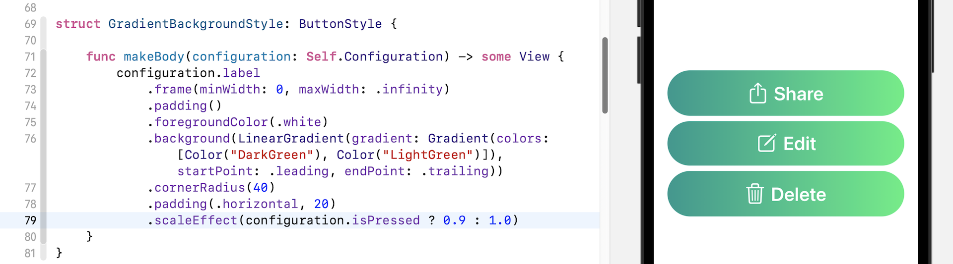 Figure 23. Applying the custom style using .buttonStyle modifier