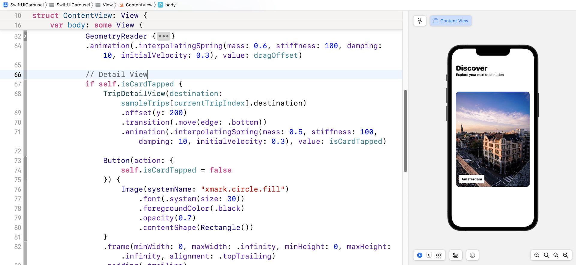 Figure 20. The code snippet for bringing up the detail view