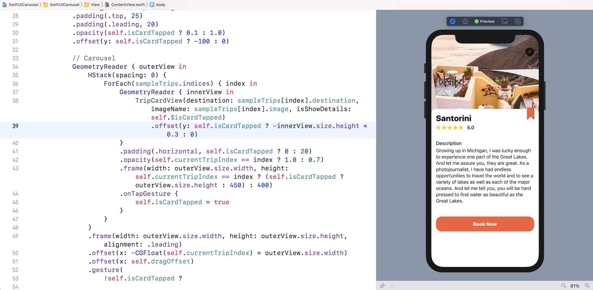 Figure 22. Adding an offset modifier to TripCardView