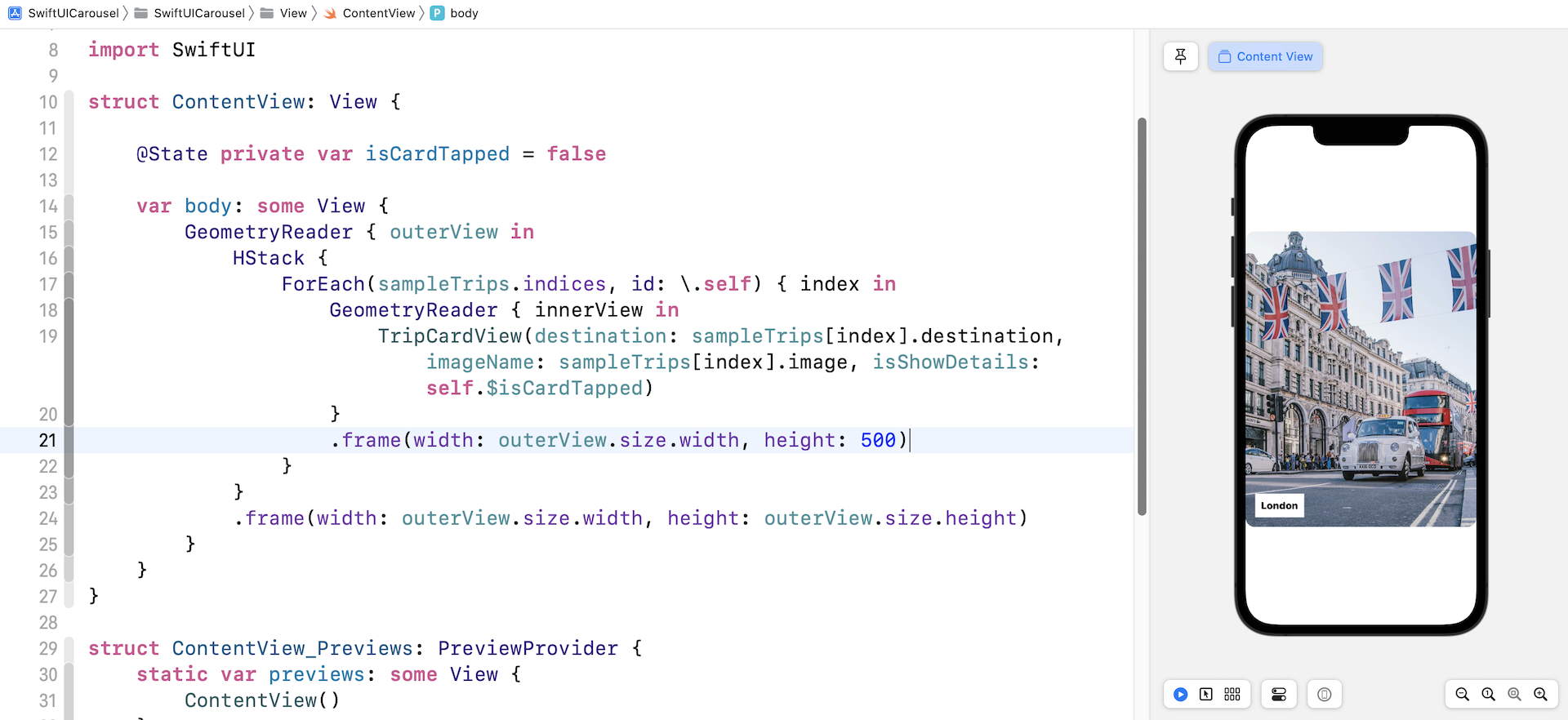 Figure 7. The horizontal stack now shows only a single card view