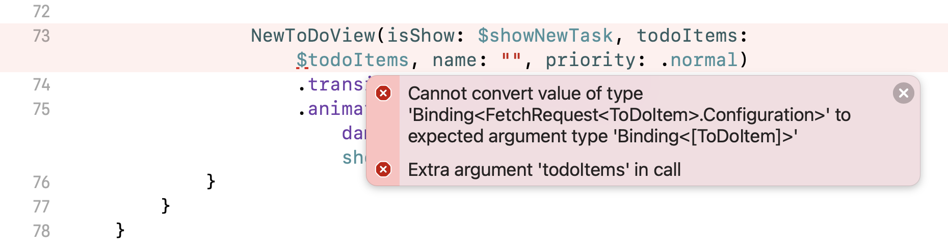 Figure 10. Xcode shows you an error in ContentView