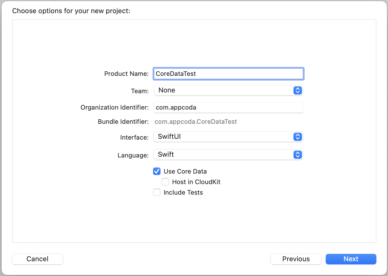Figure 2. Creating a new project with Core Data enabled