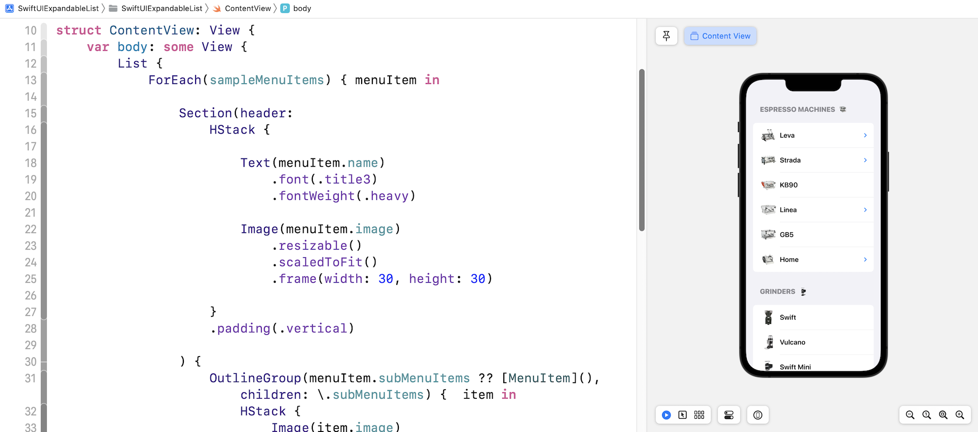 Figure 4. Building the outline view using OutlineGroup
