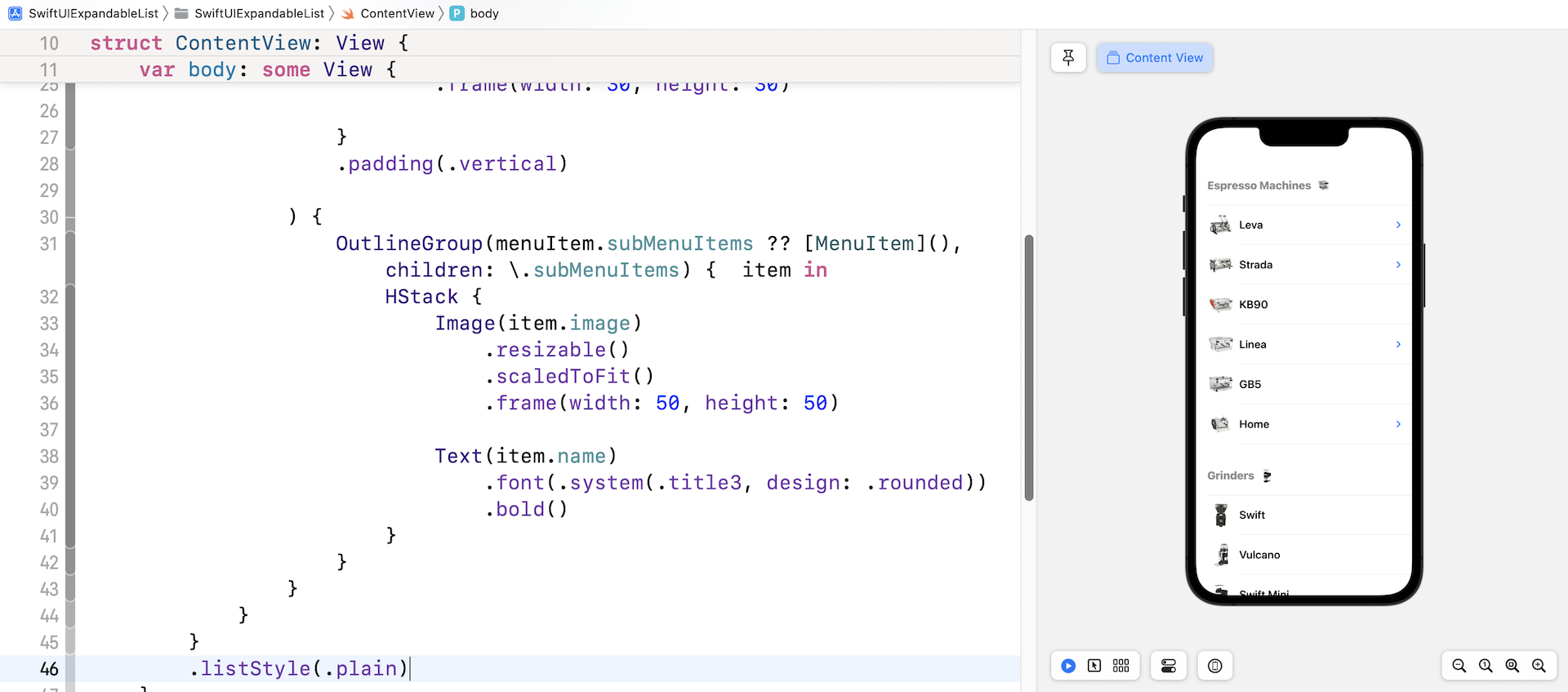 Figure 5. Applying the inset grouped list style