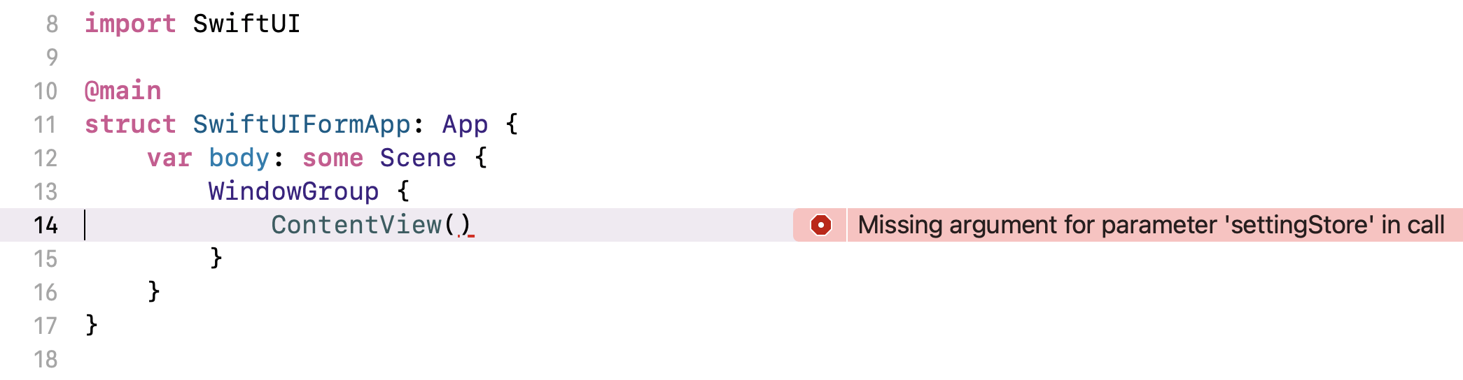 Figure 2. An error in SwiftUIFormApp.swift