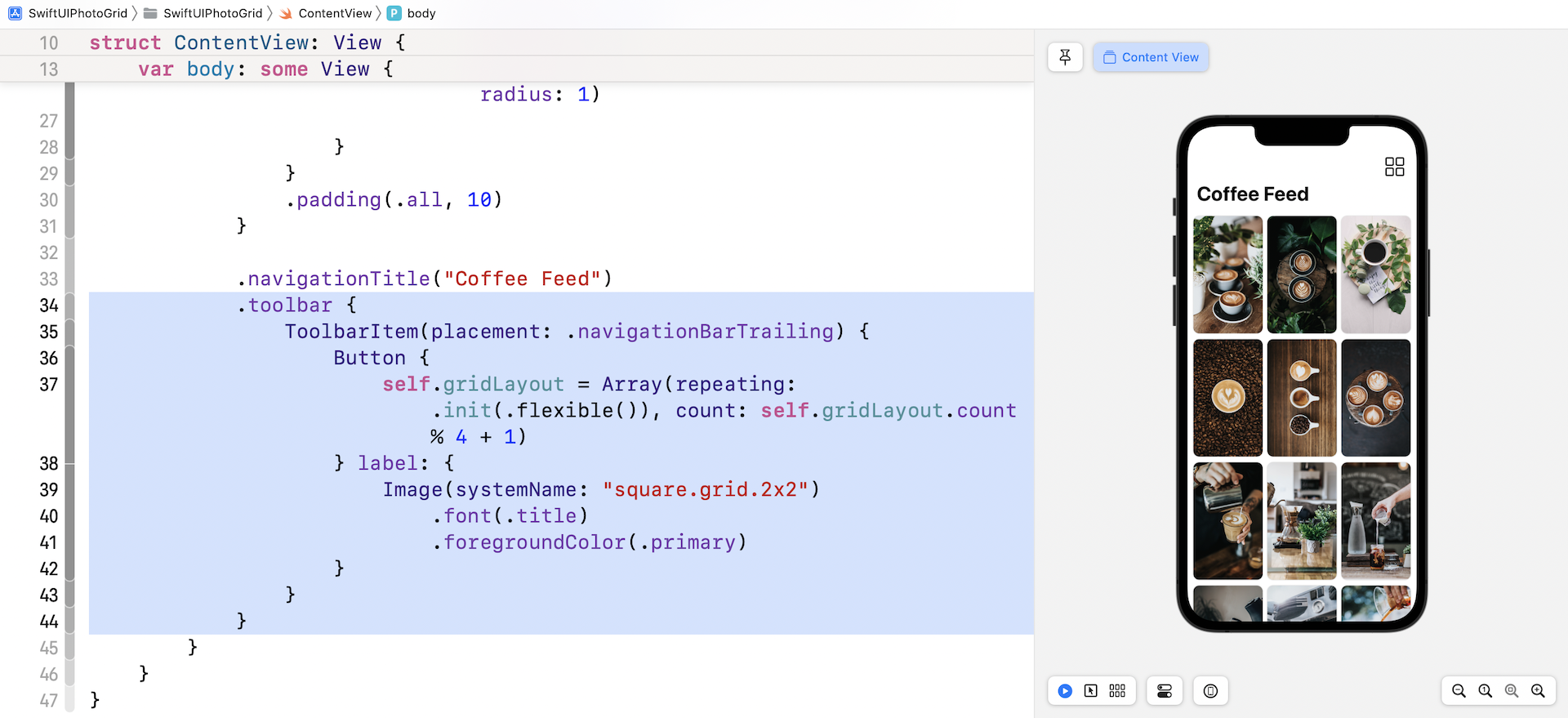 Figure 12. Adding a bar button for switching the grid layout