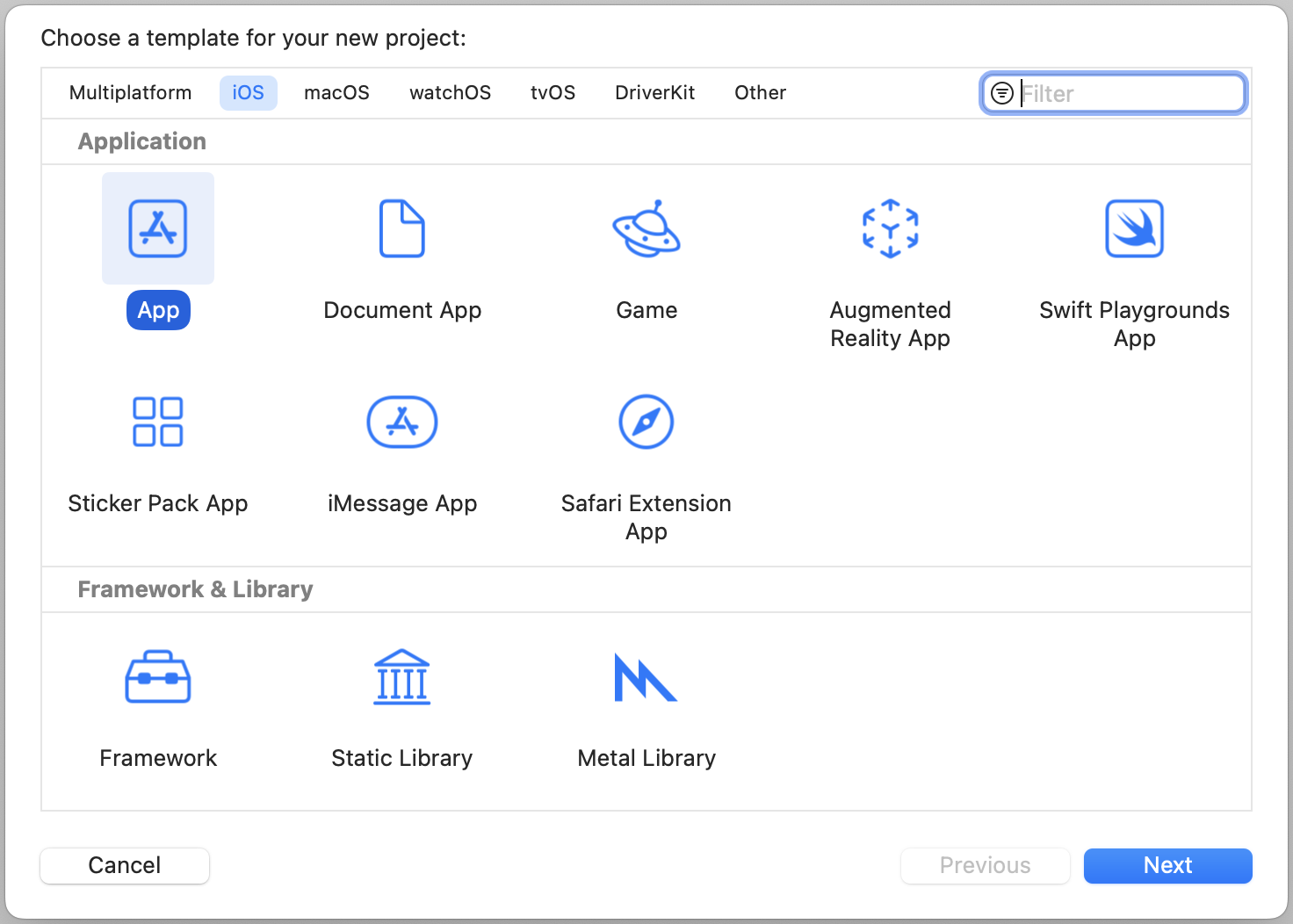 Figure 2. Creating a new project using the App template
