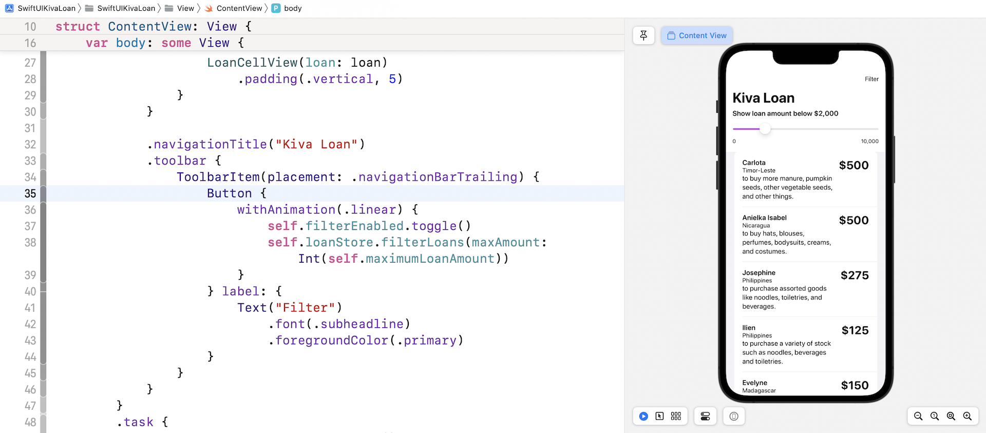 Figure 11. Presenting the filter view