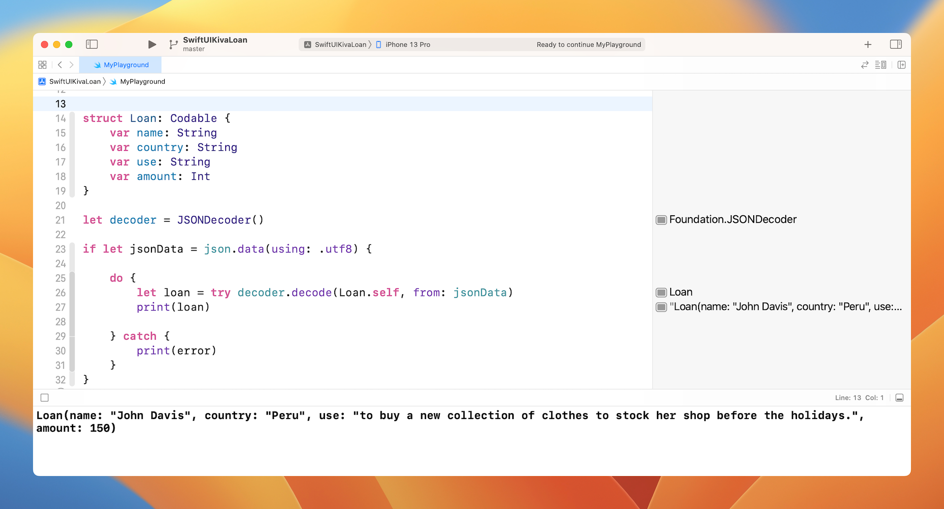 Figure 4. Display the decoded loan data in the console