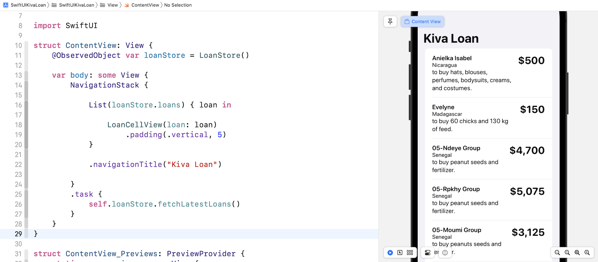 Figure 9. Presenting the loans in a list view