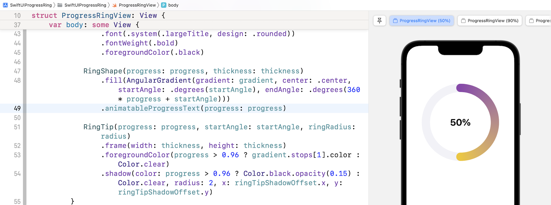 Figure 3. Displaying the progress label by applying the custom modifier