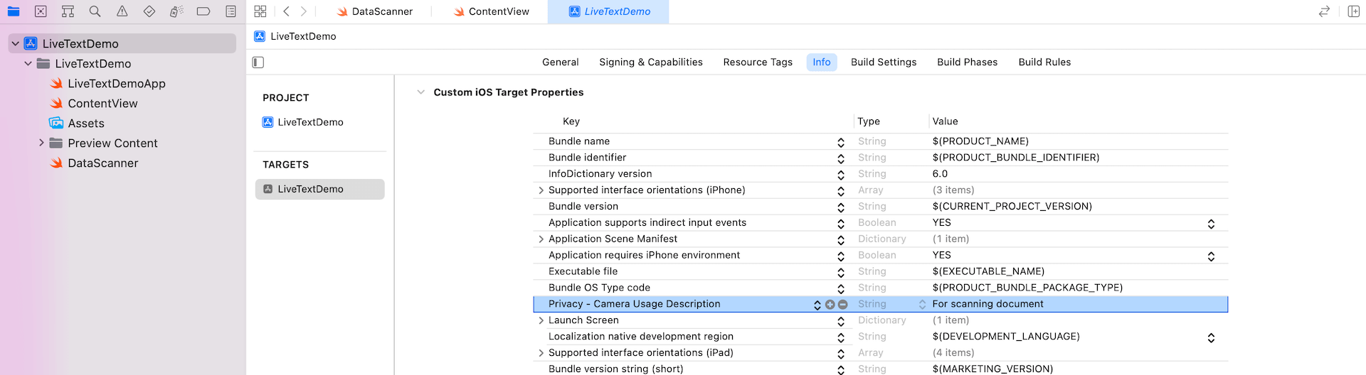 Figure 3. Adding a key to enable camera access