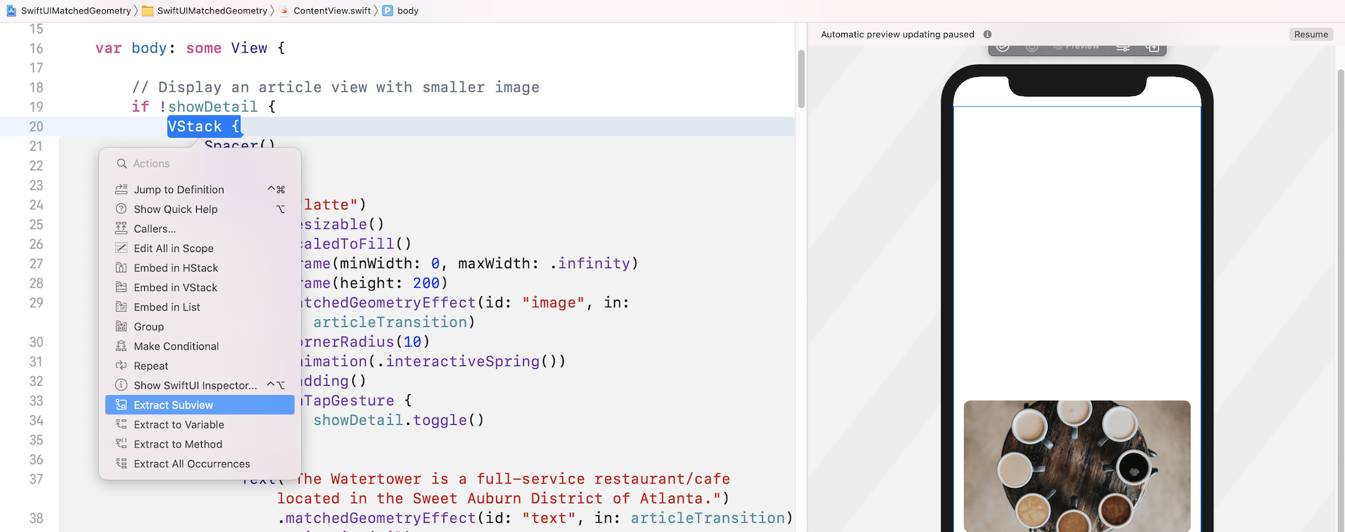 Figure 10. Extracting the stack view into a subview