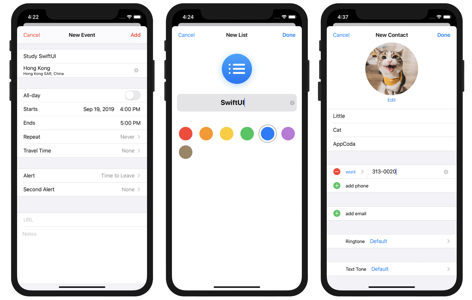 Figure 1. Sample modal views in Calendar, Reminders, and Contact apps