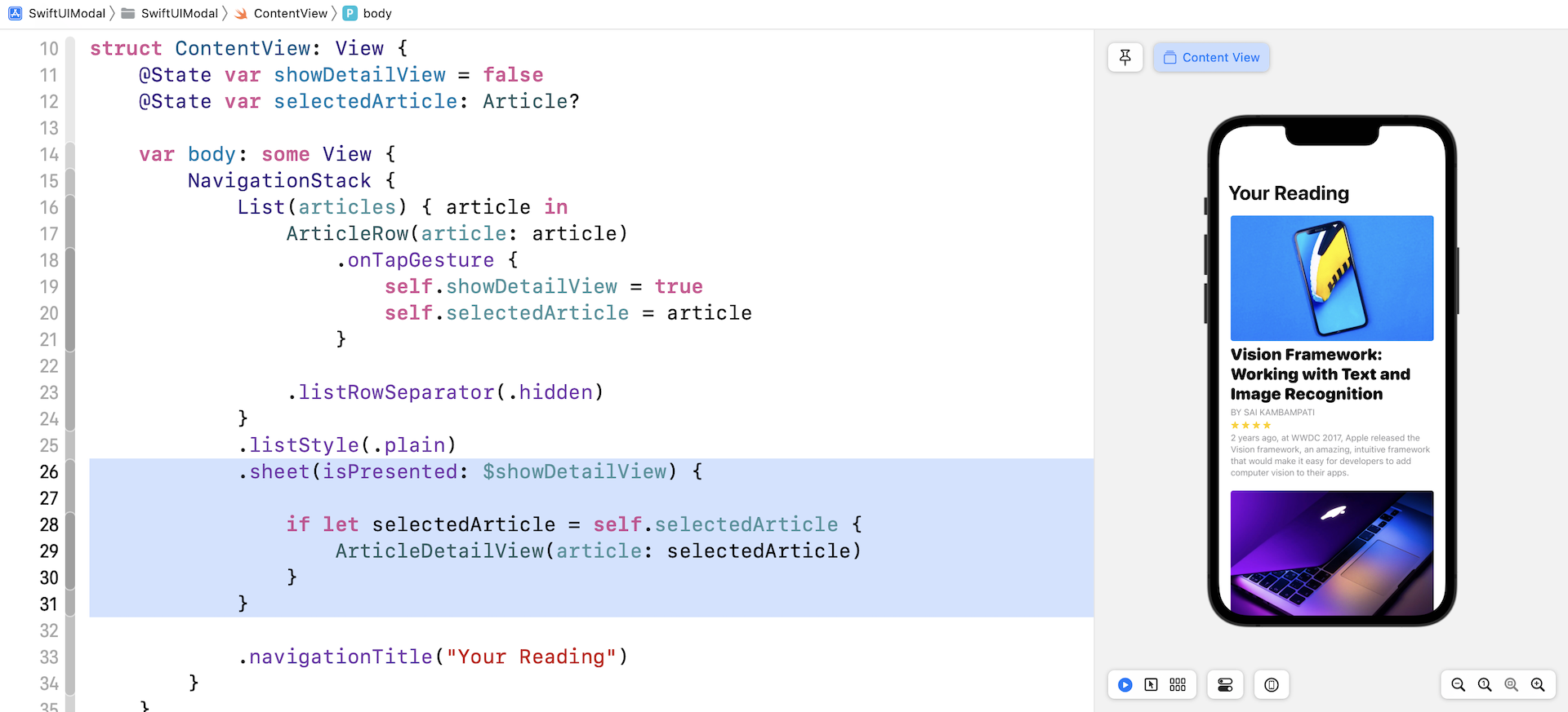 Figure 4. Presenting the detail view modally