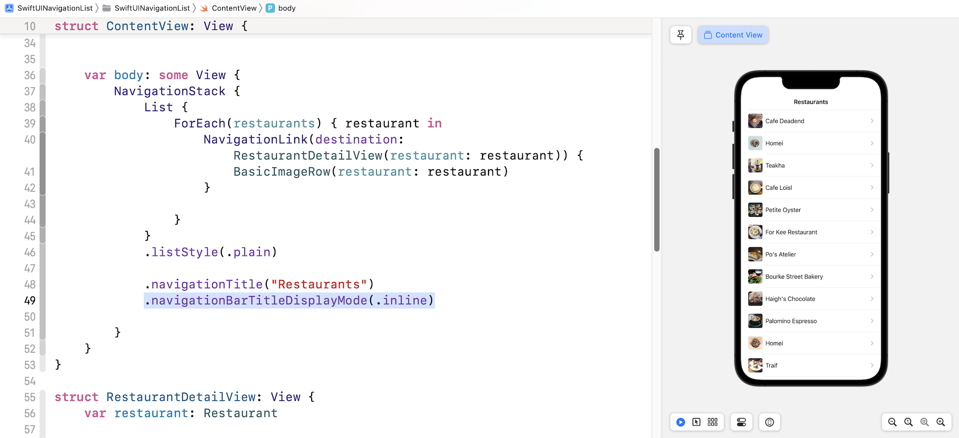 Figure 6. Setting the display mode to .inline to use the compact bar