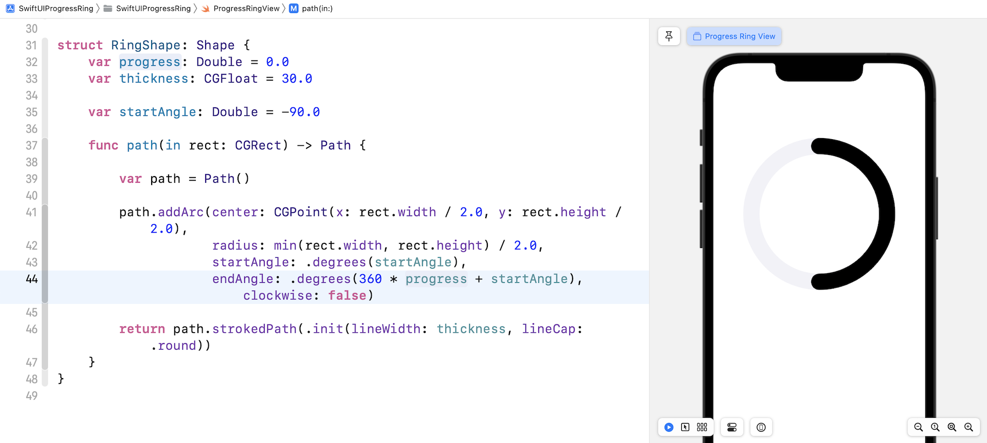 Figure 8. The partial ring after changing the start angle