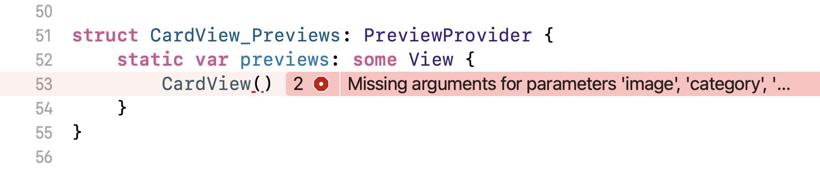 Figure 11. Missing parameters when calling the CardView