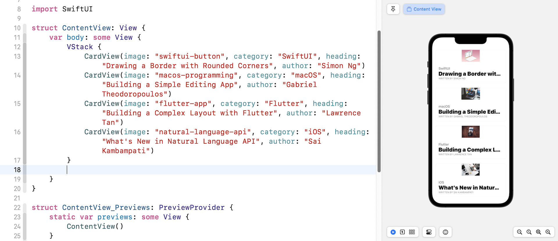 Figure 12. Embedding the card views in a VStack