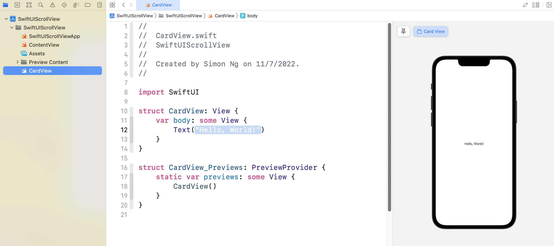 Figure 5. Just like ContentView.swift, you can preview CardView.swift in the canvas