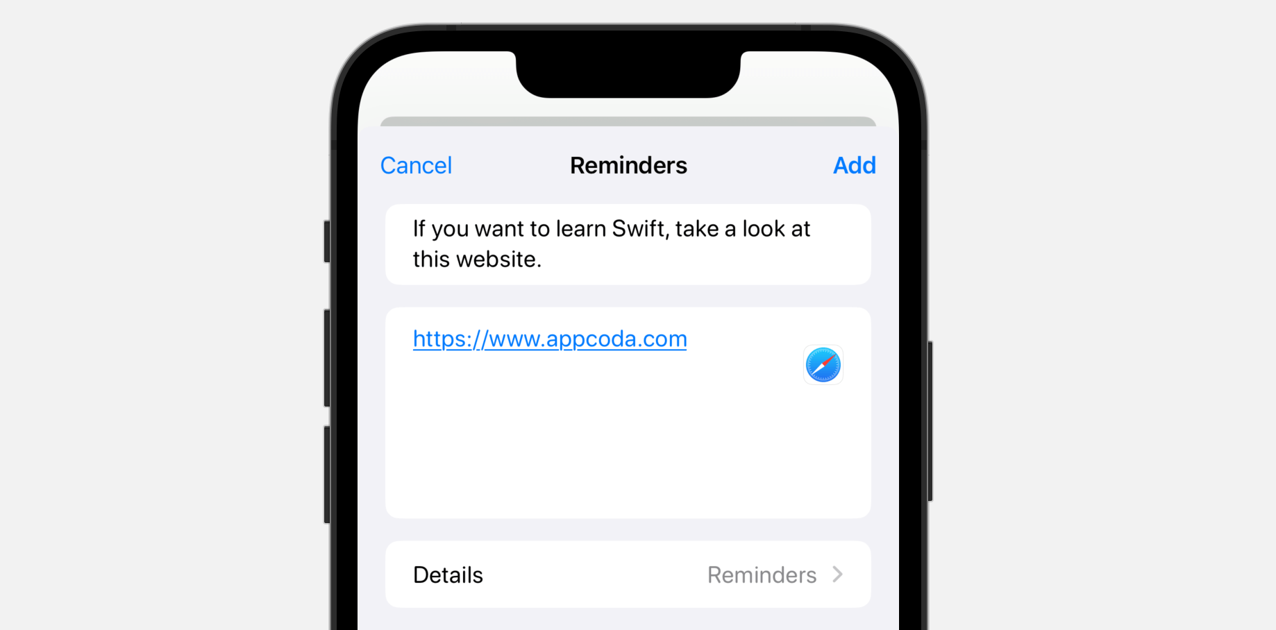 Figure 4. The Reminders app displays the preset message