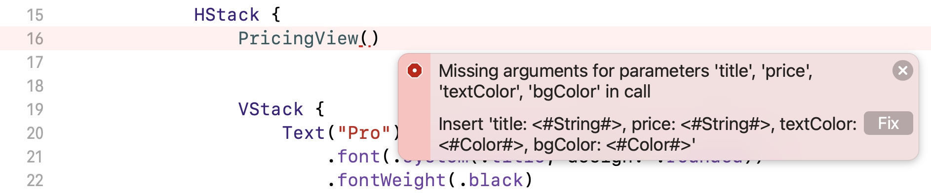 Figure 20. Xcode indicates an error on the PricingView