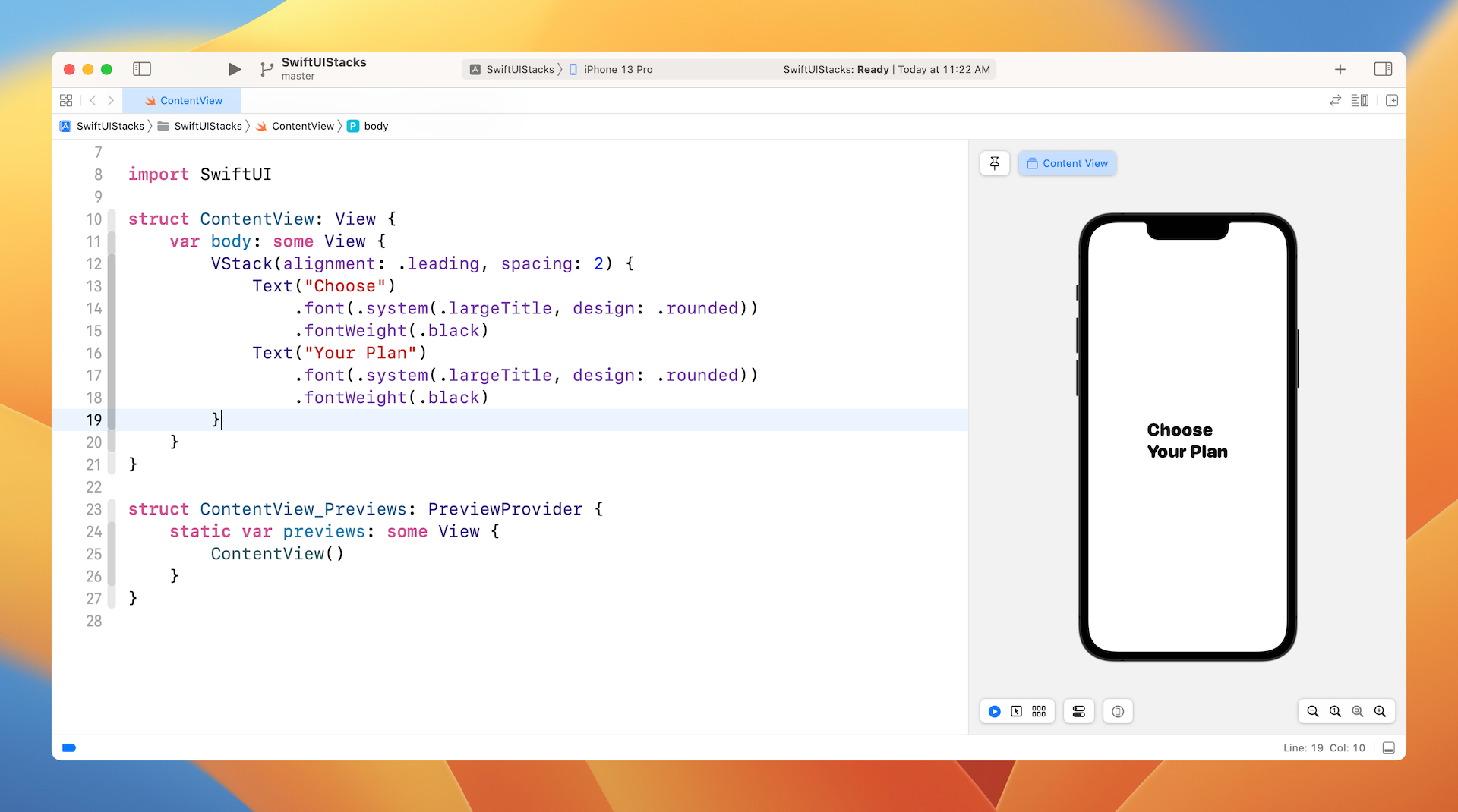 Figure 6. Changing the alignment of VStack