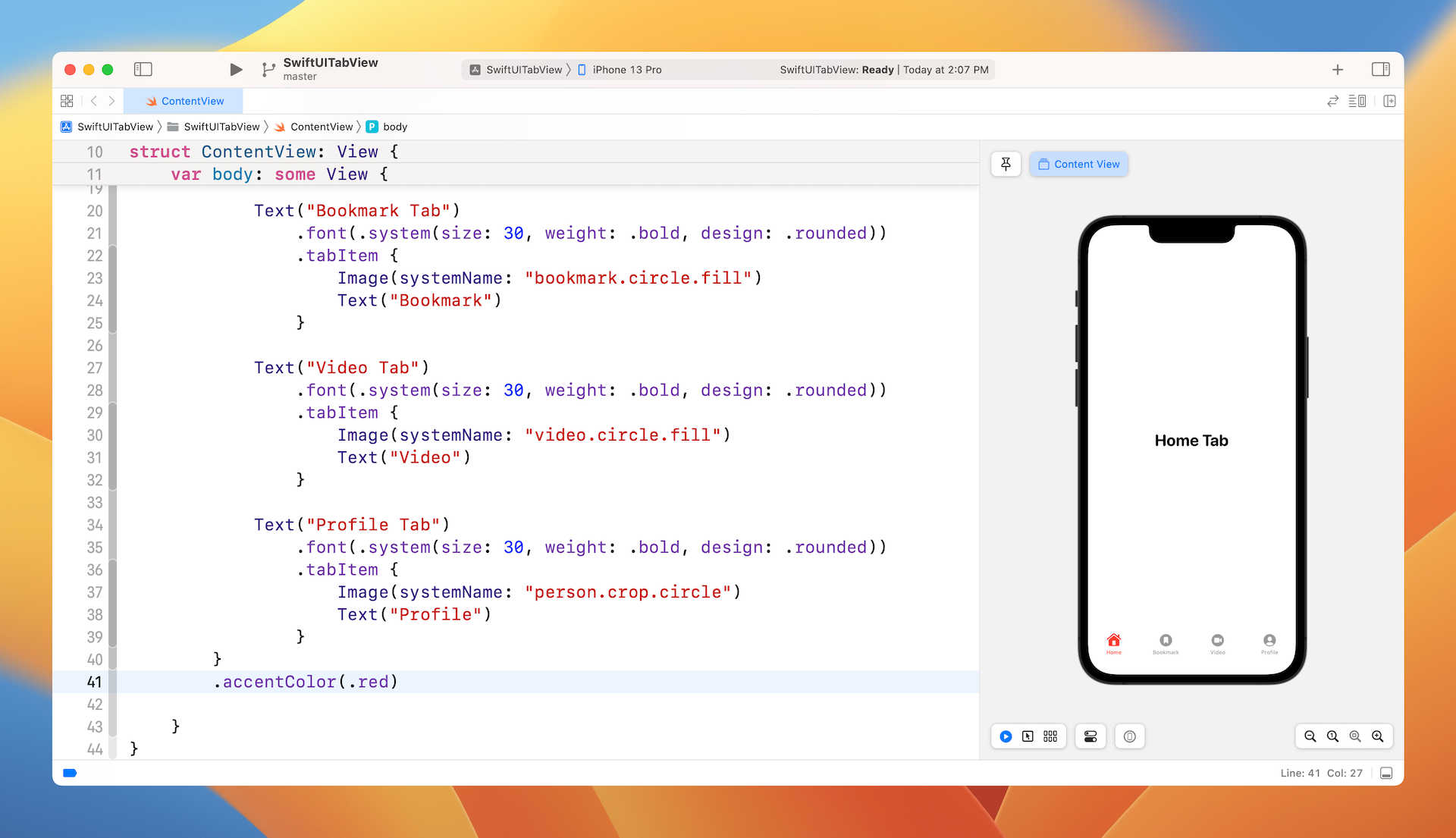 Figure 3. Changing the color of the tab bar