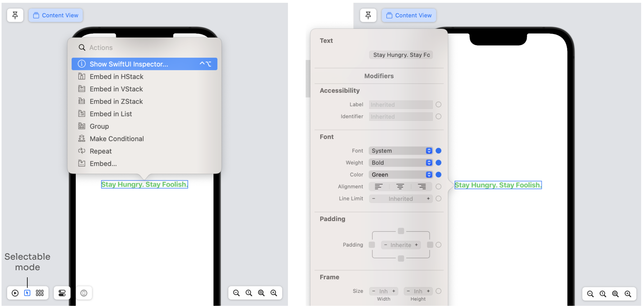 Figure 8. Using the Inspect feature to edit the properties of the text