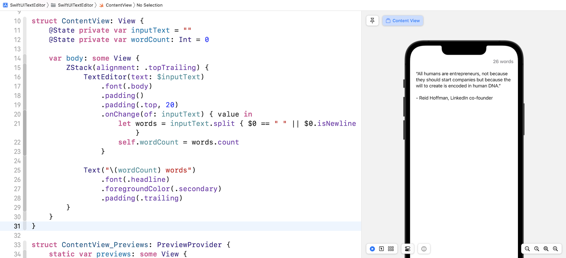 Figure 2. Using onChange() to detect text input and display the word count