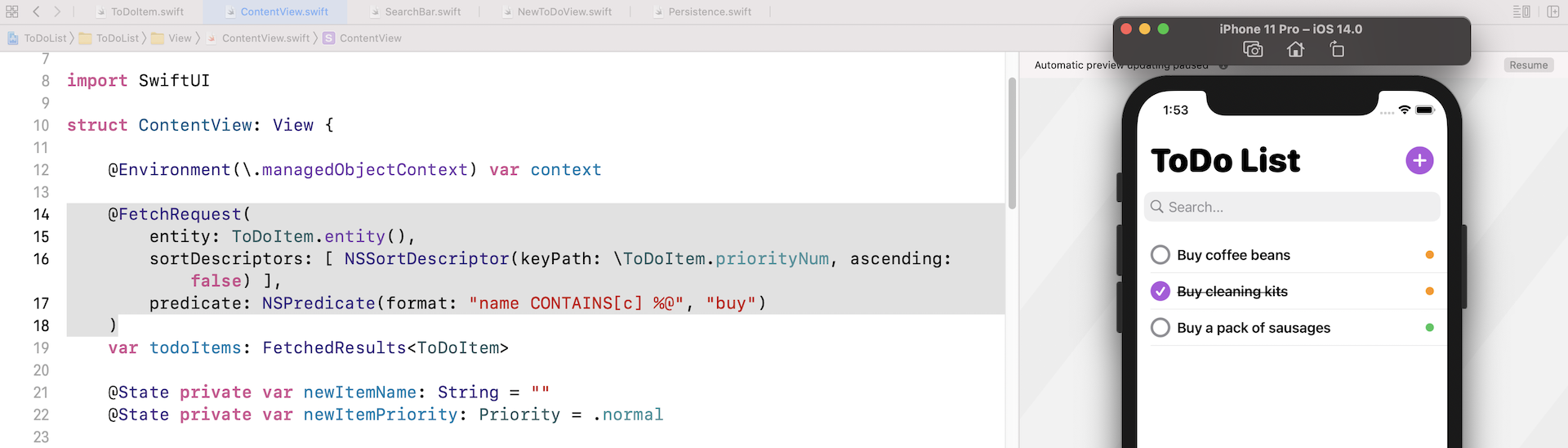 Figure 5. The app only displays the to-do items containing the keyword "buy"